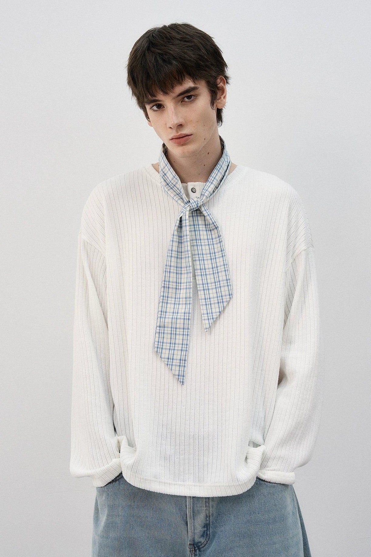 Plaid Neck Scarf Textured T-Shirt Korean Street Fashion T-Shirt By MaxDstr Shop Online at OH Vault