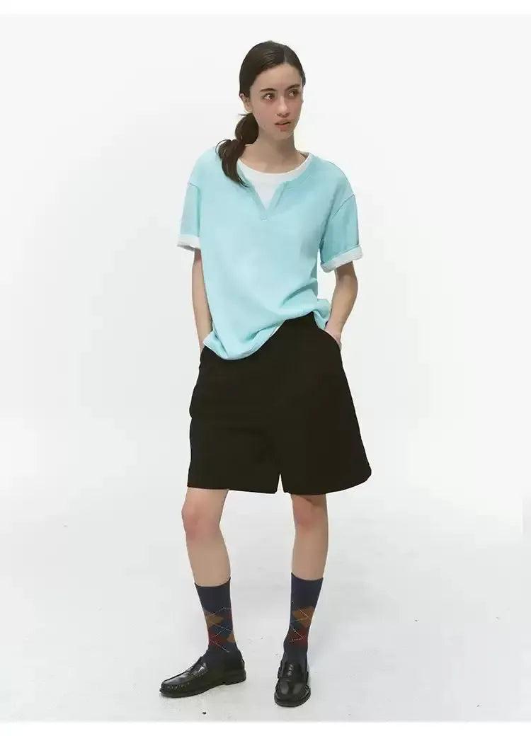 Layered Solid Neat T-Shirt Korean Street Fashion T-Shirt By Country Moment Shop Online at OH Vault