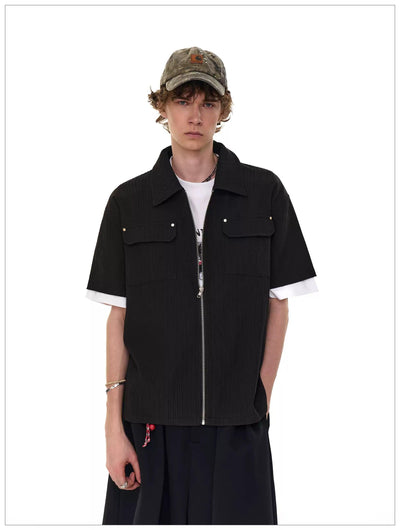 Flap Pockets Spliced Sleeve Zipped Shirt Korean Street Fashion Shirt By Mr Nearly Shop Online at OH Vault