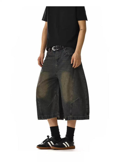 Subtle Faded Curved Cut Denim Shorts Korean Street Fashion Shorts By MEBXX Shop Online at OH Vault