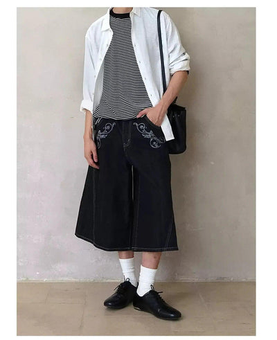 Printed Raw Denim Midi Shorts Korean Street Fashion Shorts By Terra Incognita Shop Online at OH Vault