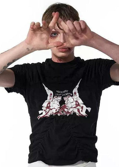Graphic Print Ruched Lines T-Shirt Korean Street Fashion T-Shirt By Slim Black Shop Online at OH Vault