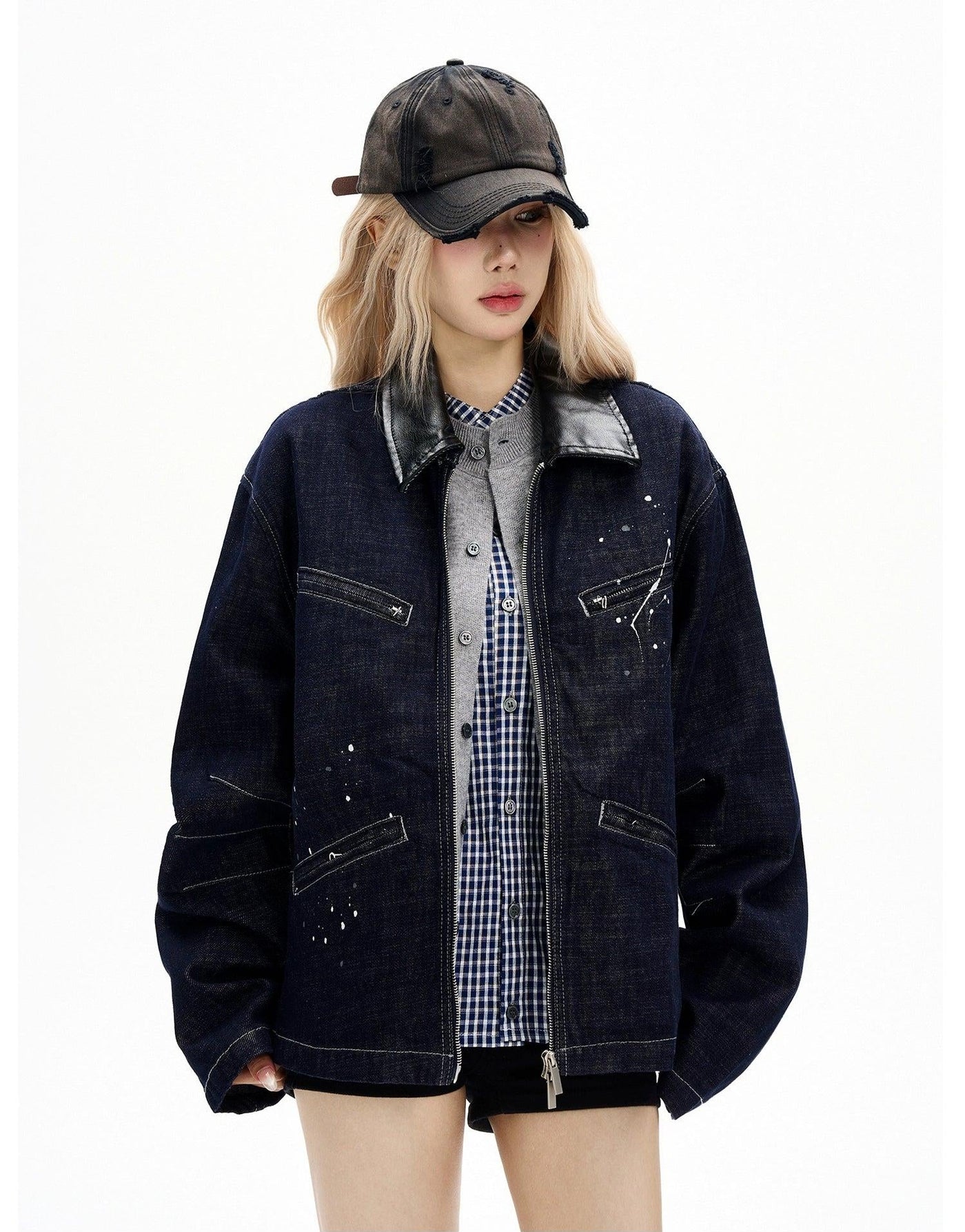 Paint Splash Leather Collar Denim Jacket Korean Street Fashion Jacket By MaxDstr Shop Online at OH Vault