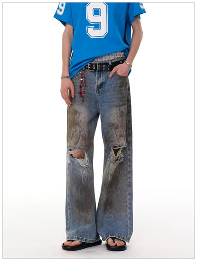 Dirt Smudged Ripped Straight Jeans Korean Street Fashion Jeans By Mr Nearly Shop Online at OH Vault