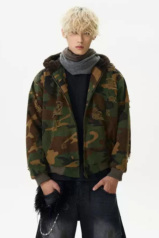 Camouflage Scattered Distress Jacket Korean Street Fashion Jacket By A PUEE Shop Online at OH Vault