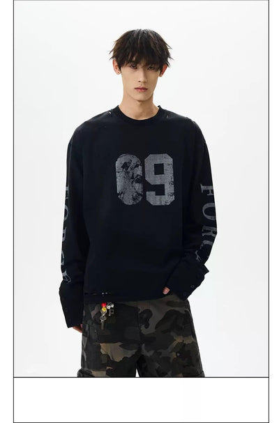 Distressed Graphic Long Sleeve T-Shirt Korean Street Fashion T-Shirt By A PUEE Shop Online at OH Vault