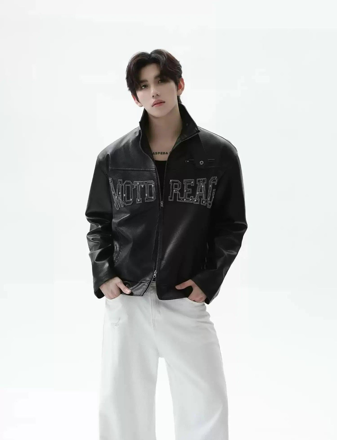 Logo Stitched PU Leather Jacket Korean Street Fashion Jacket By Turn Tide Shop Online at OH Vault