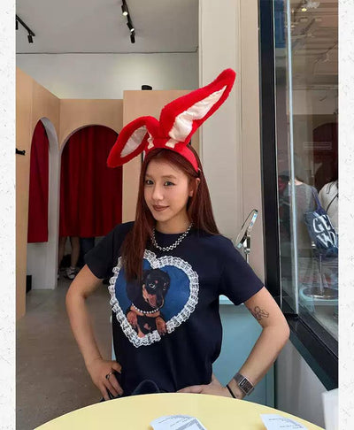 Laced Heart Dog Graphic Print T-Shirt Korean Street Fashion T-Shirt By Made Extreme Shop Online at OH Vault