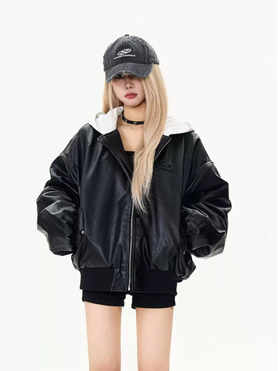 Spliced Hood Bomber Leather Jacket Korean Street Fashion Jacket By MaxDstr Shop Online at OH Vault