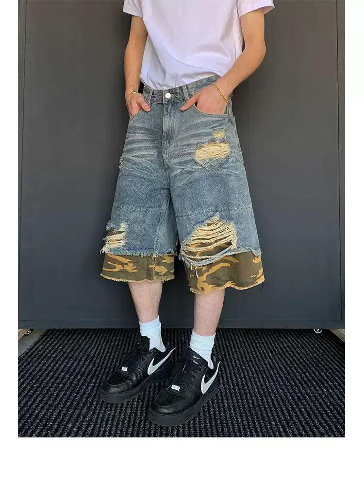 Camouflage Layer Distressed Denim Shorts Korean Street Fashion Shorts By Poikilotherm Shop Online at OH Vault