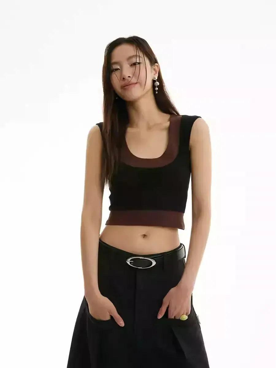 Contrast Spliced U-Neck Cropped Tank Top Korean Street Fashion Tank Top By Funky Fun Shop Online at OH Vault