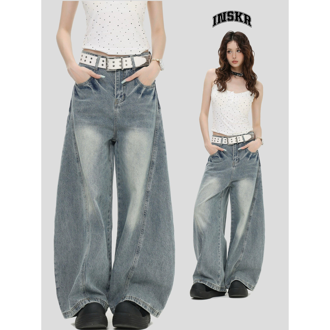 Structured Faded Wide Leg Jeans Korean Street Fashion Jeans By INS Korea Shop Online at OH Vault
