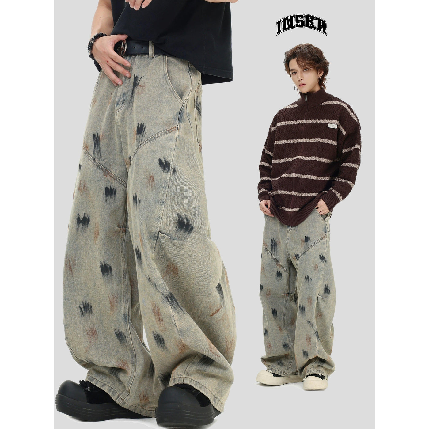 Structured Paint Smudged Barrel Jeans Korean Street Fashion Jeans By INS Korea Shop Online at OH Vault