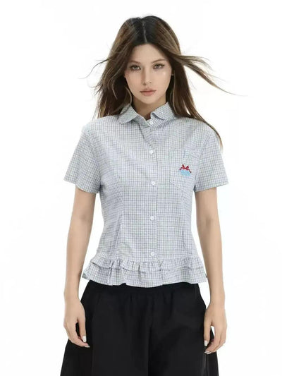 Checkered Ruffles End Shirt Korean Street Fashion Shirt By INS Korea Shop Online at OH Vault