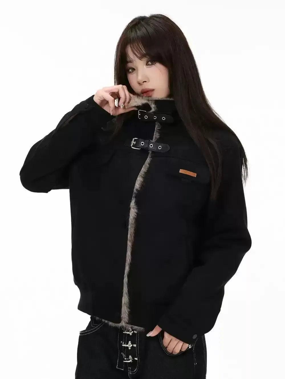 Strapped Fur-Trimmed Micro Suede Jacket Korean Street Fashion Jacket By INS Korea Shop Online at OH Vault