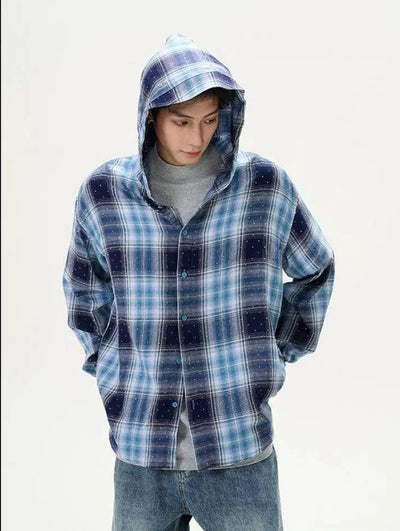 Diamond Plaid Hooded Shirt Korean Street Fashion Shirt By 77Flight Shop Online at OH Vault