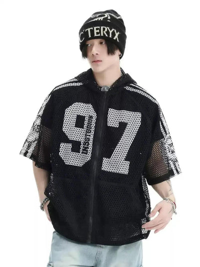 Hollow Mesh Zip Hooded T-Shirt Korean Street Fashion T-Shirt By INS Korea Shop Online at OH Vault