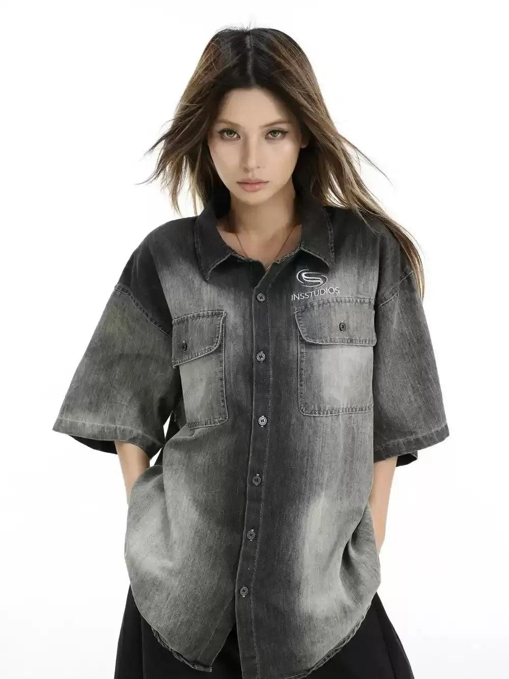 Faded Front Pocket Denim Shirt Korean Street Fashion Shirt By INS Korea Shop Online at OH Vault