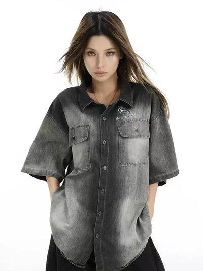 Faded Front Pocket Denim Shirt Korean Street Fashion Shirt By INS Korea Shop Online at OH Vault