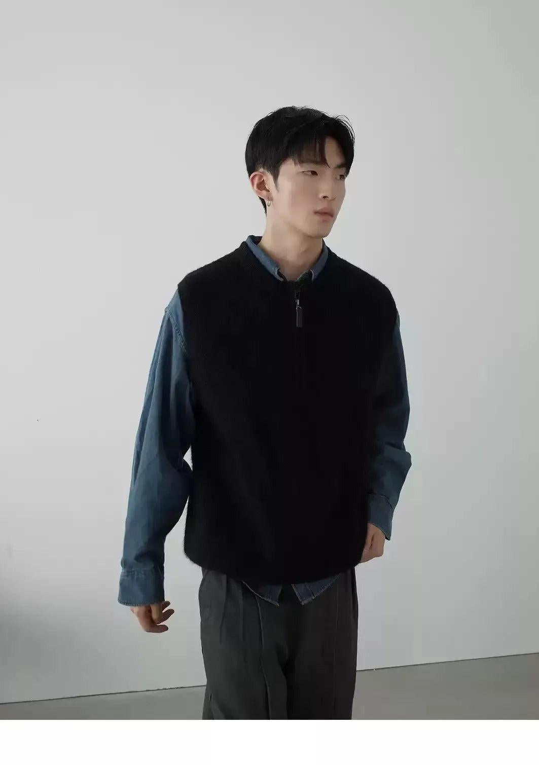 Half-Zipped Vest Layered L/S Shirt Korean Street Fashion Shirt By In Knots Shop Online at OH Vault