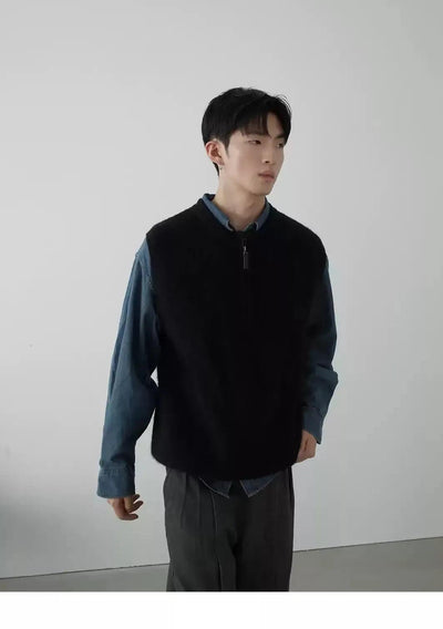 Half-Zipped Vest Layered L/S Shirt Korean Street Fashion Shirt By In Knots Shop Online at OH Vault