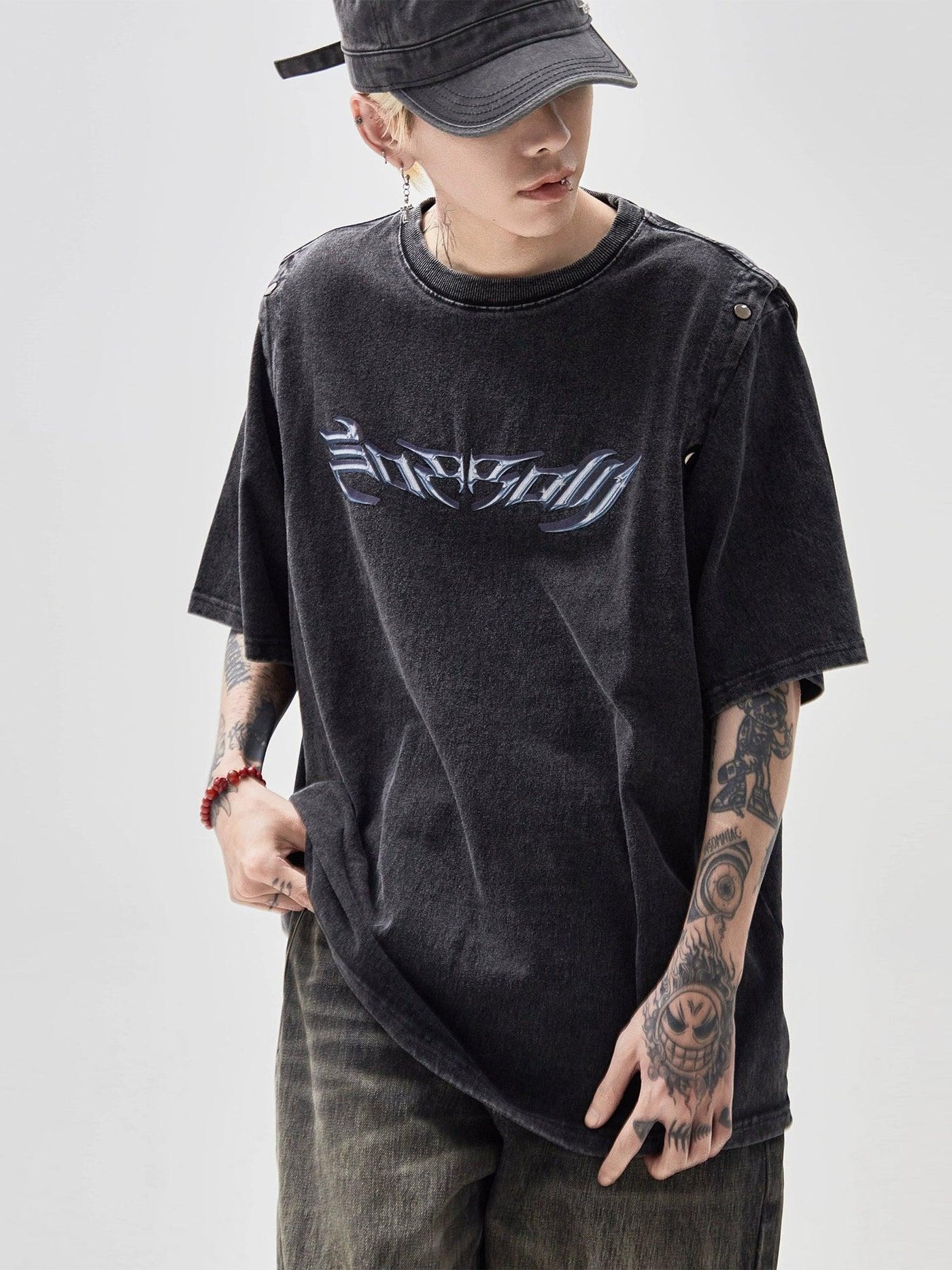 Washed Buttoned Sleeves T-Shirt Korean Street Fashion T-Shirt By Ash Dark Shop Online at OH Vault