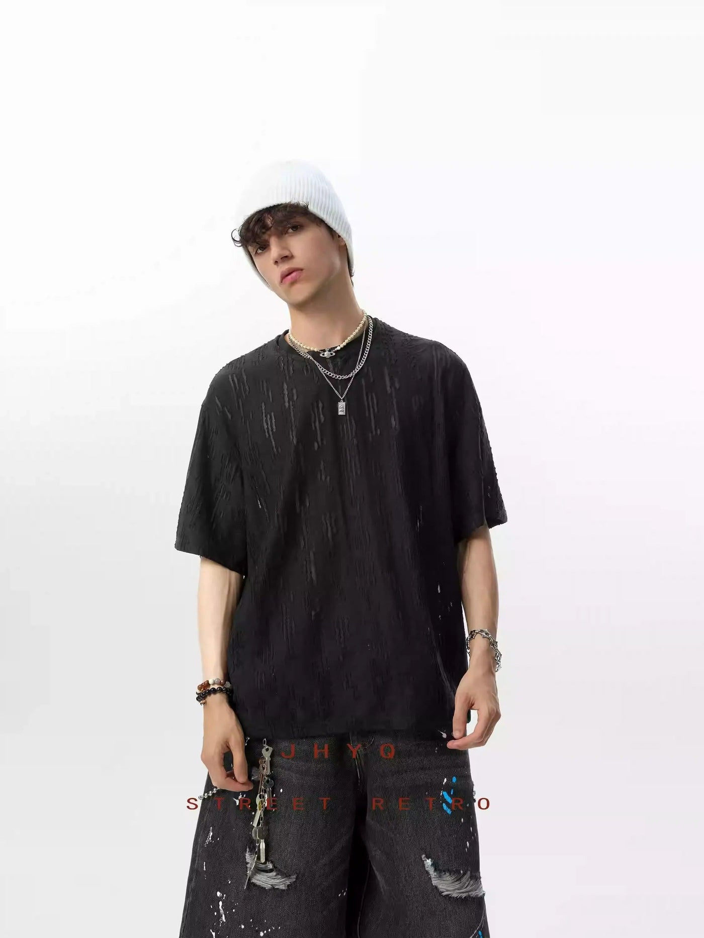 Textured Hollow Round Neck T-Shirt Korean Street Fashion T-Shirt By JHYQ Shop Online at OH Vault