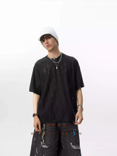 Textured Hollow Round Neck T-Shirt Korean Street Fashion T-Shirt By JHYQ Shop Online at OH Vault