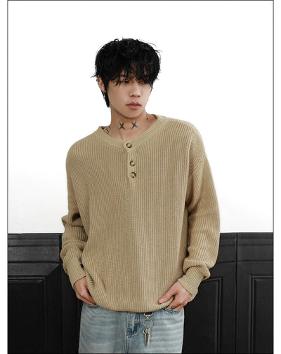 Henley Collar Knit Long Sleeve T-Shirt Korean Street Fashion T-Shirt By Mr Nearly Shop Online at OH Vault