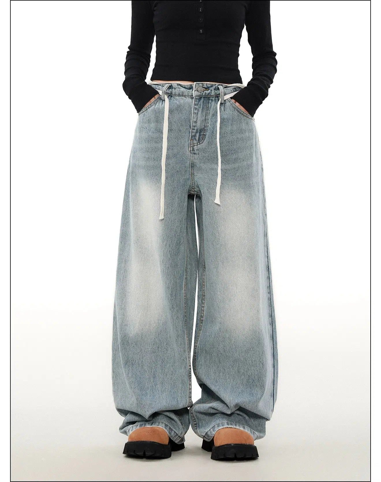 Washed Waist String Jeans Korean Street Fashion Jeans By Mr Nearly Shop Online at OH Vault