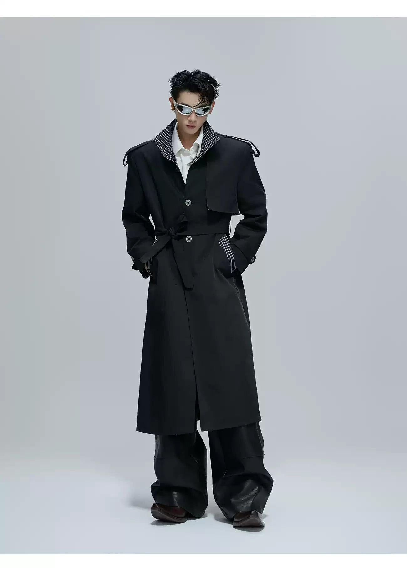 Striped Lining Belted Overcoat Korean Street Fashion Long Coat By Argue Culture Shop Online at OH Vault