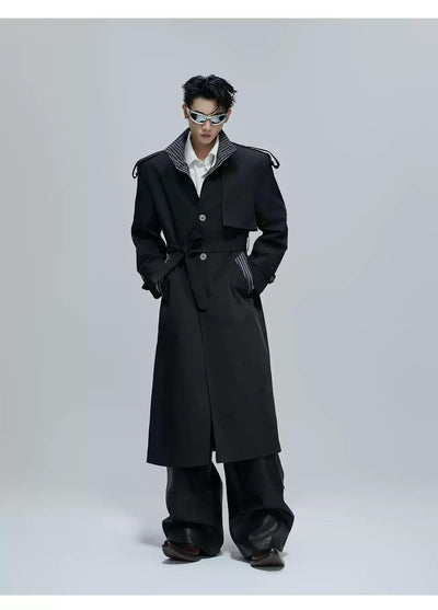 Striped Lining Belted Overcoat Korean Street Fashion Long Coat By Argue Culture Shop Online at OH Vault