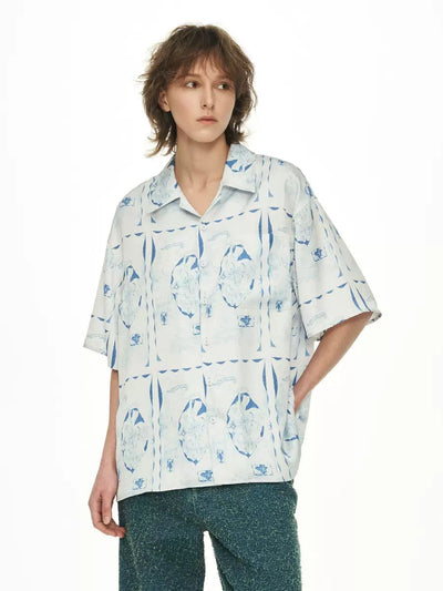 Blue and White Pattern Shirt Korean Street Fashion Shirt By 11St Crops Shop Online at OH Vault