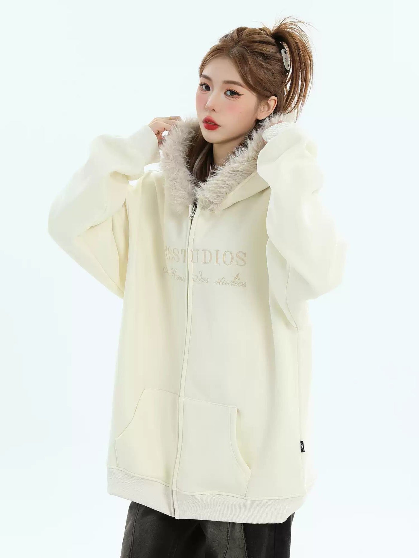 Embroidered Fur Lined Hood Zipped Hoodie Korean Street Fashion Hoodie By INS Korea Shop Online at OH Vault