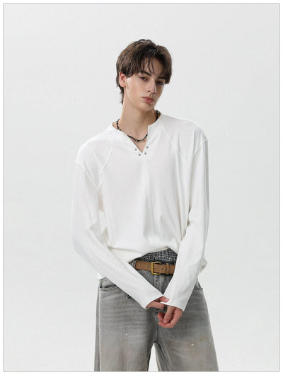 Plain Color Henley Collar L/S T-Shirt Korean Street Fashion T-Shirt By Mr Nearly Shop Online at OH Vault