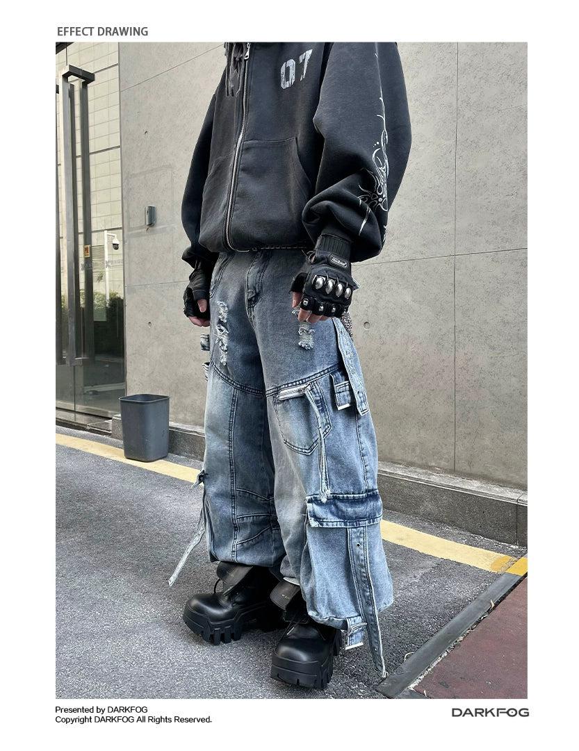 Heavy Strap Ripped Cargo Jeans Korean Street Fashion Jeans By Dark Fog Shop Online at OH Vault