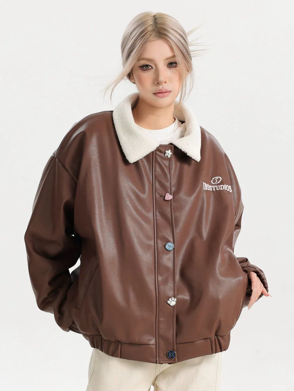 Assorted Buttons PU Leather Jacket Korean Street Fashion Jacket By INS Korea Shop Online at OH Vault