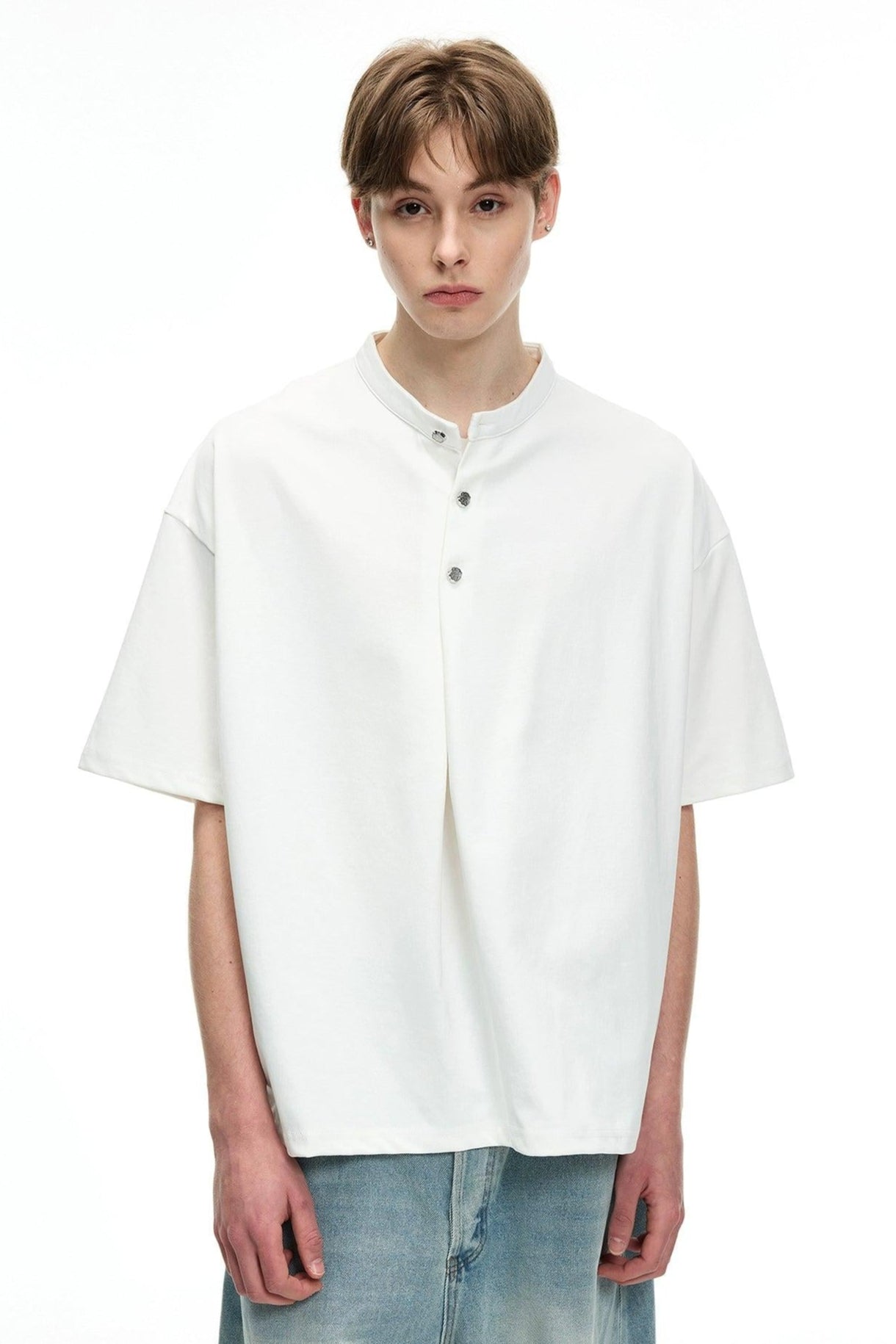 Boxy Cut Half-Buttoned T-Shirt Korean Street Fashion T-Shirt By MaxDstr Shop Online at OH Vault