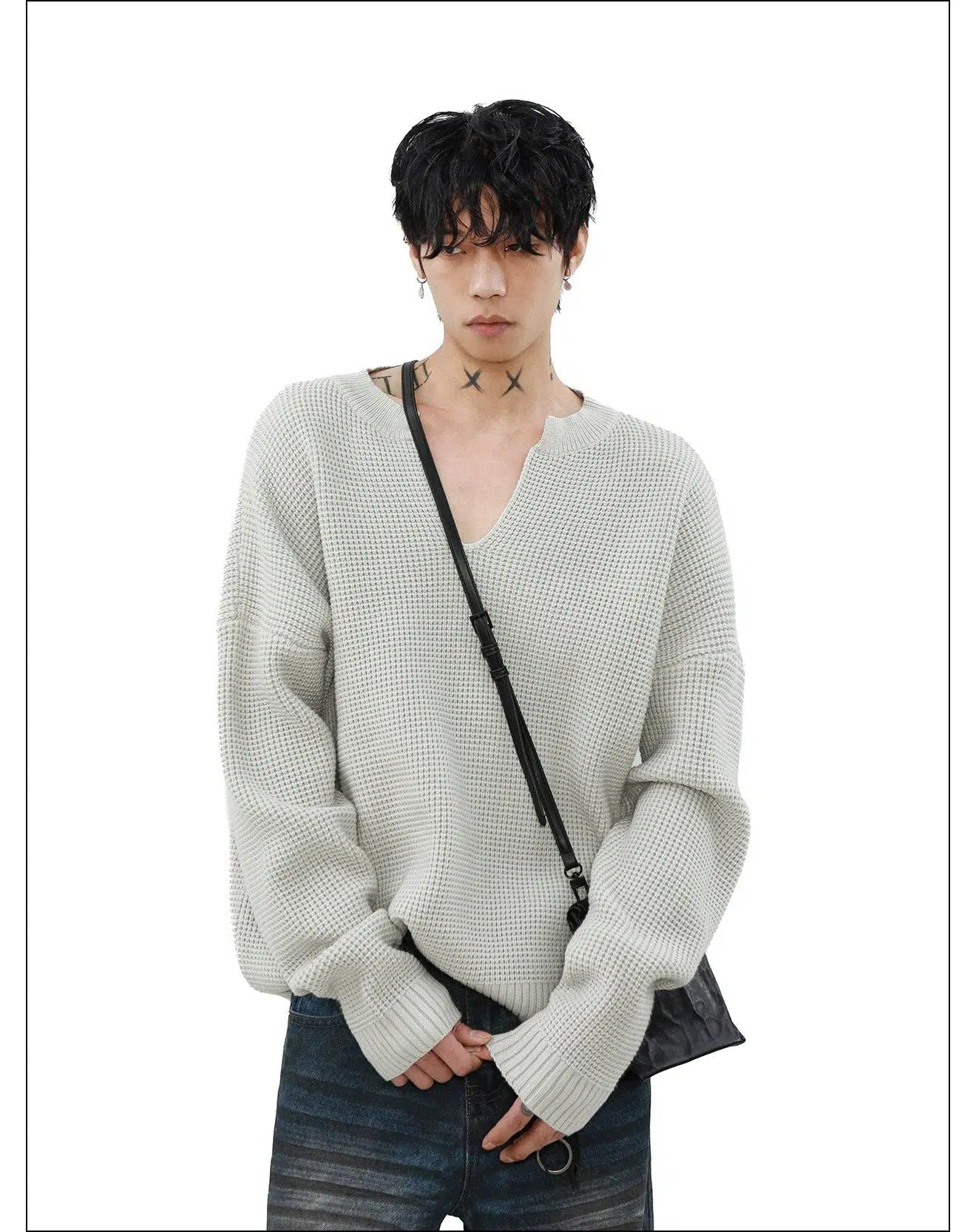 Waffle Textured V-Neck Sweater Korean Street Fashion Sweater By Mr Nearly Shop Online at OH Vault