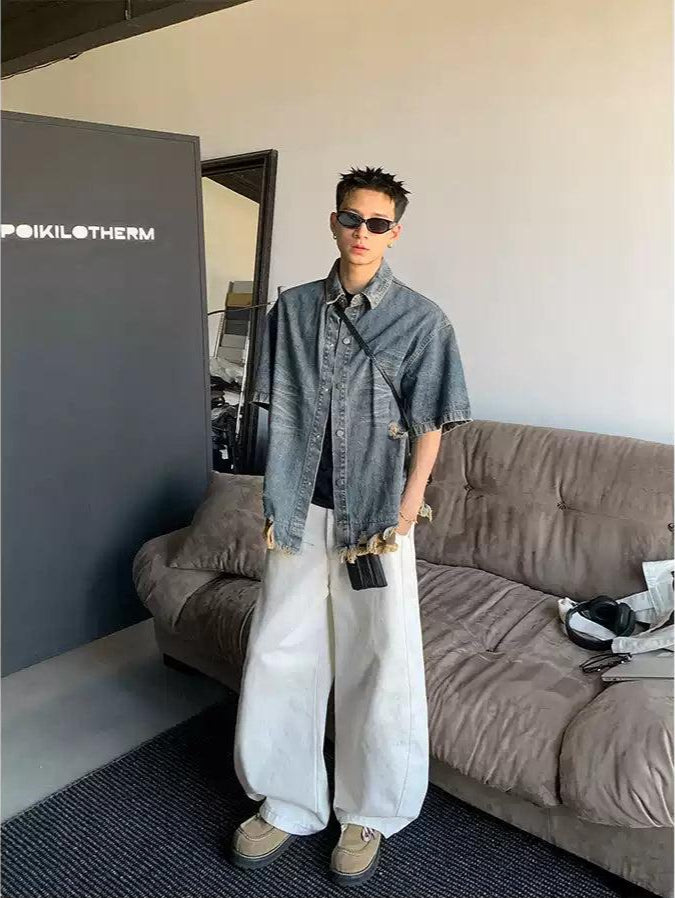 Tassel Ripped Layer Faded Denim Shirt Korean Street Fashion Shirt By Poikilotherm Shop Online at OH Vault