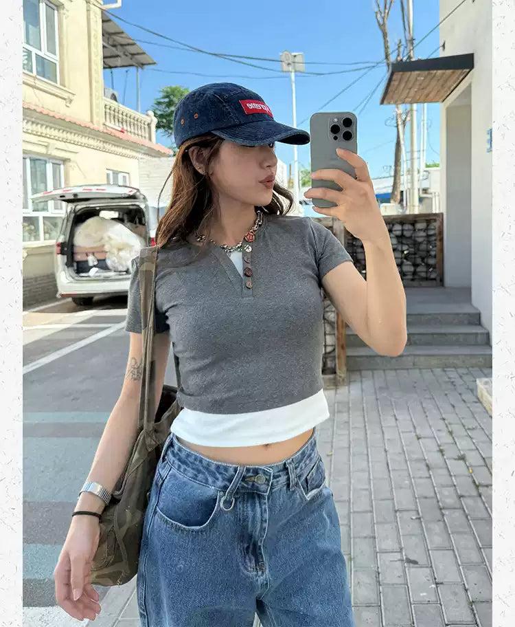 Henley Collar Spliced Cropped T-Shirt Korean Street Fashion T-Shirt By Made Extreme Shop Online at OH Vault