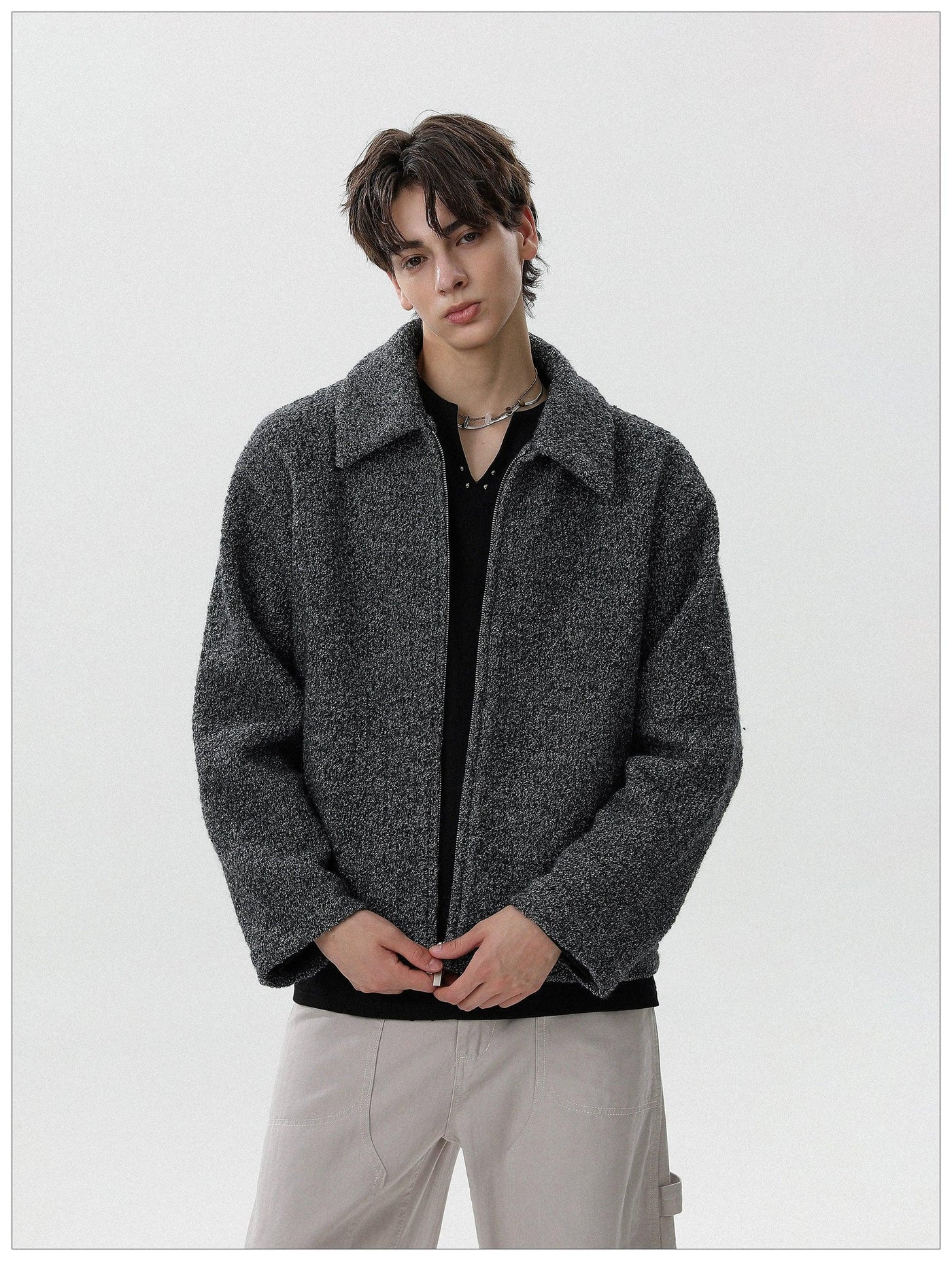 Fuzzy Textured Zip-Up Jacket Korean Street Fashion Jacket By Mr Nearly Shop Online at OH Vault