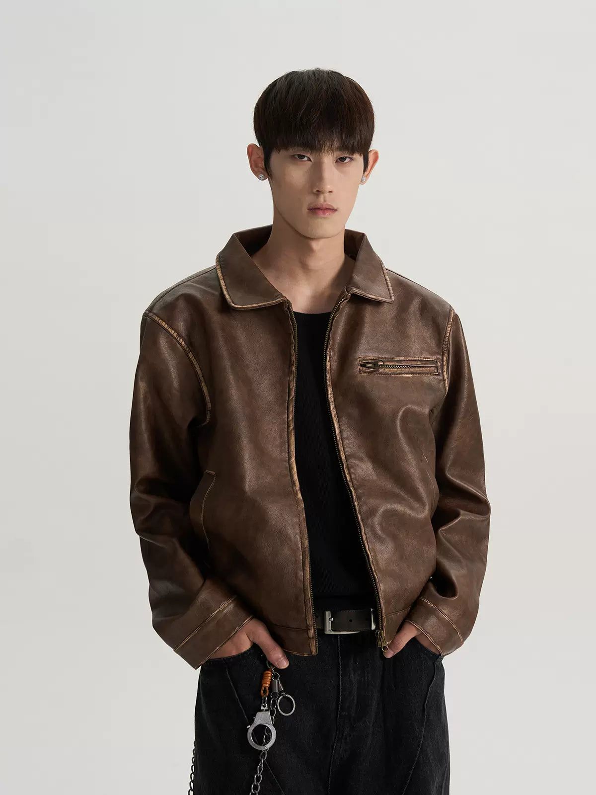 Smudged Lines Boxy Faux Leather Jacket Korean Street Fashion Jacket By A PUEE Shop Online at OH Vault