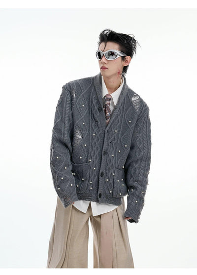 Distressed Pearl Detail Knit Cardigan Korean Street Fashion Cardigan By Argue Culture Shop Online at OH Vault