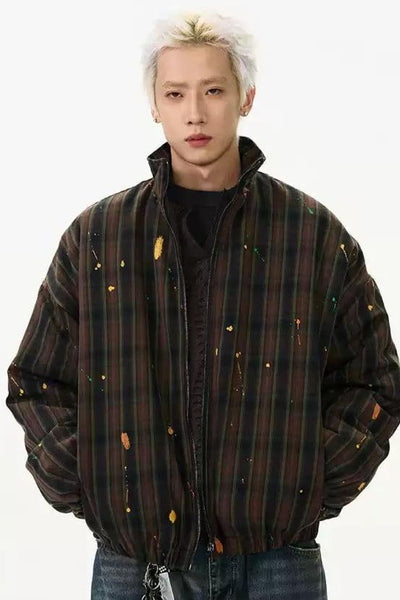 Color Splatters Plaid Puffer Jacket Korean Street Fashion Jacket By A PUEE Shop Online at OH Vault