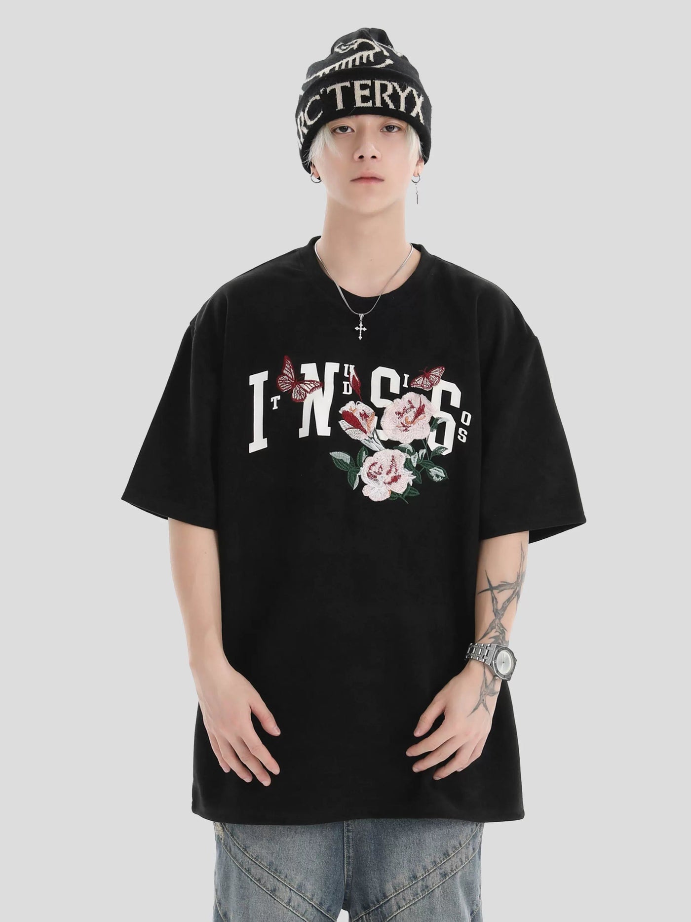Stitched Flowers and Roses T-Shirt Korean Street Fashion T-Shirt By INS Korea Shop Online at OH Vault