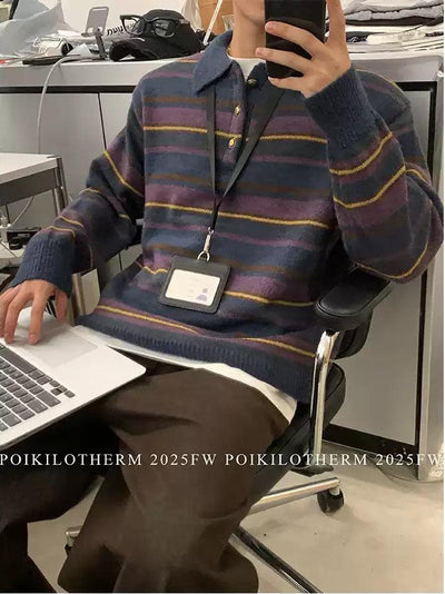 Striped Polo Neck Sweater Korean Street Fashion Sweater By Poikilotherm Shop Online at OH Vault