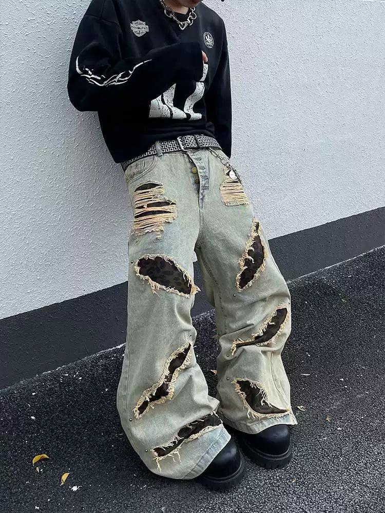 Leopard Ripped Hole Jeans Korean Street Fashion Jeans By Dark Fog Shop Online at OH Vault