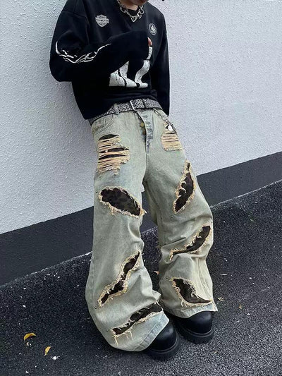 Leopard Ripped Hole Jeans Korean Street Fashion Jeans By Dark Fog Shop Online at OH Vault