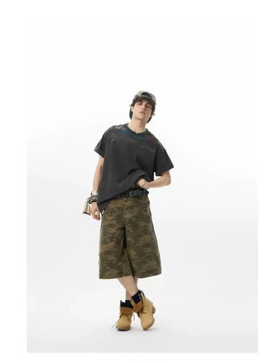 Camouflage Wide Denim Shorts Korean Street Fashion Shorts By JHYQ Shop Online at OH Vault